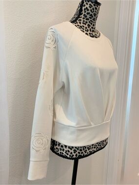 Pullover Sweatshirt Ivory with Rose Appliqué Sleeves by T Tahari
